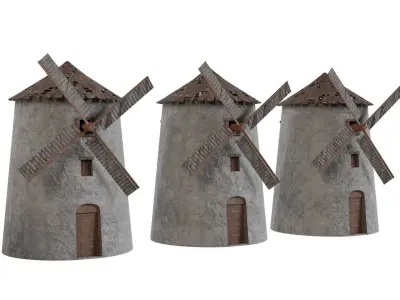 Low Poly Medieval House and Windmill Low-poly 3D model