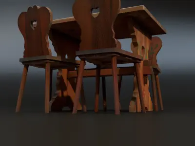 Hungarian folk art table with chairs Low-poly 3D model