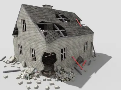4 low poly destroyed buildings pack 2 Low-poly 3D model