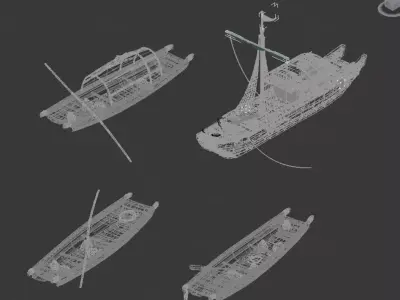 4 wooden boats plank boats small boats ancient fishing boats 3D model