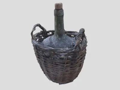 Old wine bottle with basket Low-poly 3D model