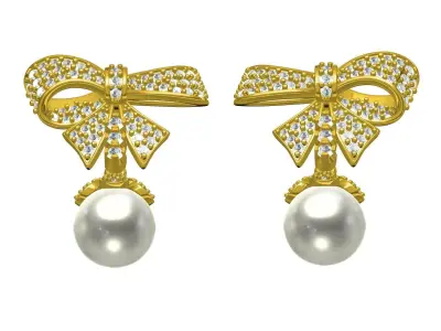 Antique Diamond Bow Pearl Drop Earring 3D print model