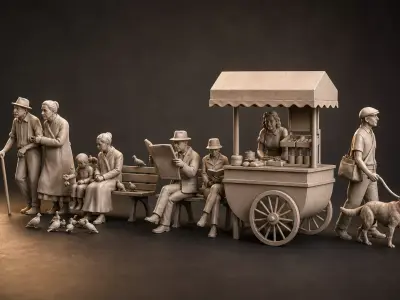  Street Scene  People Bench Vendor Cart for 3D Printing Diorama 3D print model