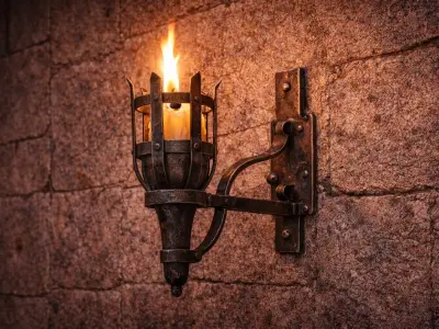 Medieval Iron Wall Torch with Candle - PBR 3D Model Low-poly 3D model