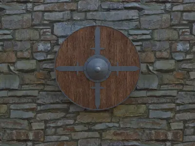 Shield wooden on stone wall Free 3D model