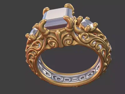 Ornate scrollwork silver and gold square faceted gemstone ring 3D print model