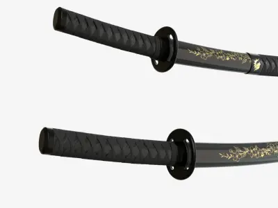 Black Double Bladed Katana Wakizashi and Stand 3D model