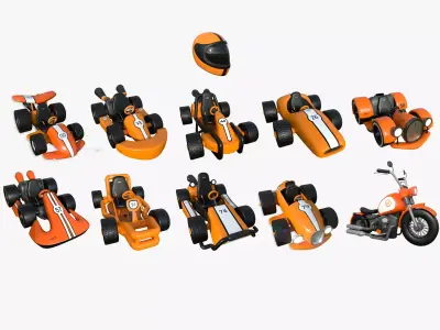 10 Cartoon Karts Orange Collection - Vehicle Racing Design 3D Model Pack purchase