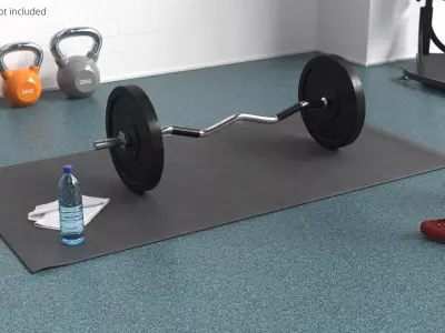 Strength Training Setup with Curved Barbell on Black Mat 3D model