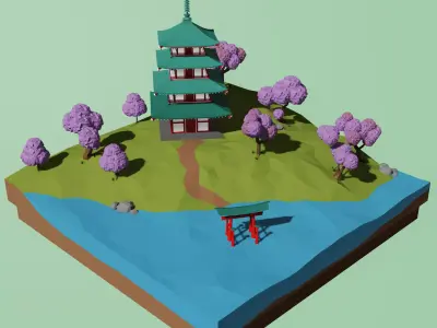 Japanese pagoda and a torii  Low-poly 3D model