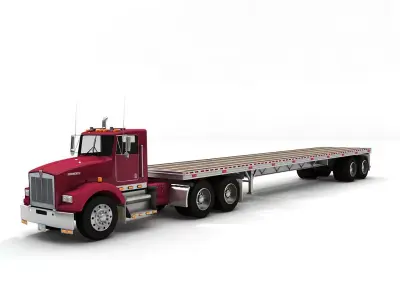 Semi Truck With Flatbed and Box Trailers Low-poly 3D model