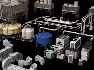 Industrial Rooftop HVAC Cooling Tower And Pipe Collection 3D model