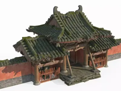 The ruined gate of an ancient Asian temple 3D model