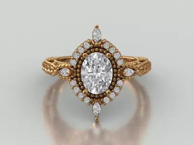 Antique Inspired Oval Diamond Ring Gold Ornate Womens Ring 3D print model