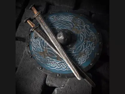 Viking sword and shield with Midgard serpent Low-poly 3D model
