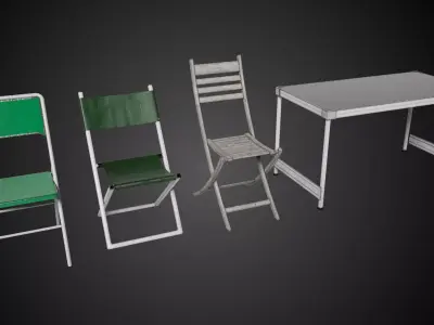  Folding Chairs and Table Low-poly 3D model