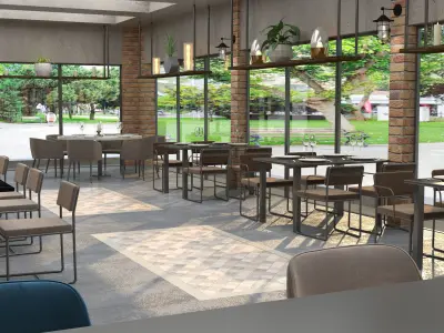 Industrial coffee bar restaurant interior design 3D model purchase