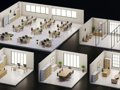 5 set low poly interior office Low-poly 3D model
