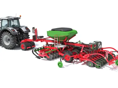 Tractor with Trailed Seed Drill 3D model