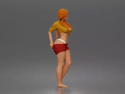 woman adjusting shorts standing barefoot in relaxed summer  3D print model