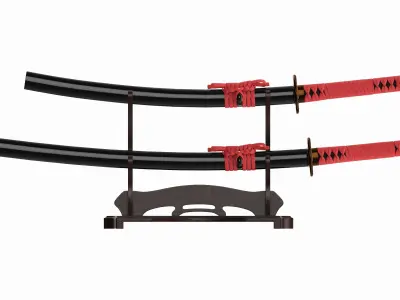 Japanese two sword Katana Wakizashi on a stand 3D model