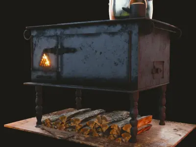 Gameready furnace wood burning stove Low-poly 3D model
