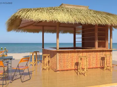 Tropical Service Tiki Bar with Thatch Roof and Wooden Stools Natural 3D model