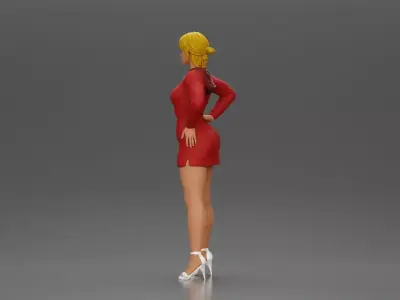 woman in red long hoodie with hands on hips showing elegance 3D print model