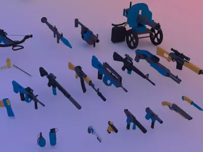 Low poly pack guns Animated - AK-47 - M16 - AR15 -UZI- 3D model  Low-poly 3D model