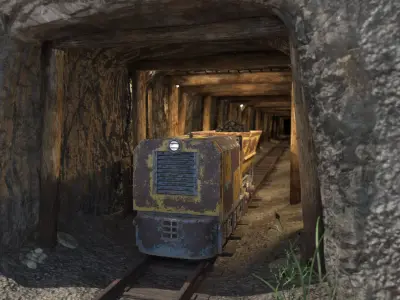 Mine Tunnel with Old Coal Cart Train 3D model