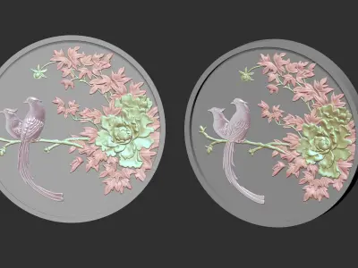 Peony bird relief 3D model