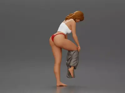 Woman in white top carefully wearing grey pants with balance 3D print model