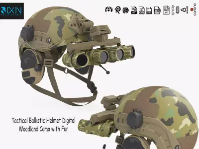 Tactical Ballistic Helmet Digital Woodland Camo with Fur 3D model