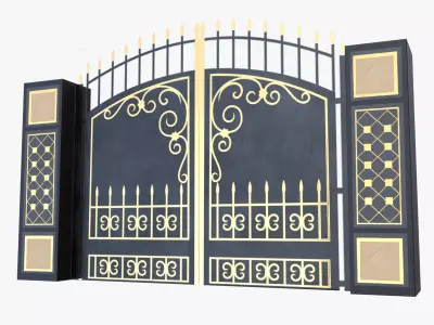 Ornamental Iron Gate 3D Model Low Poly PBR with Gold Details Low-poly 3D model