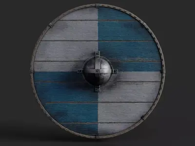 Slavic round wooden shield-painted blue and white Low-poly 3D model