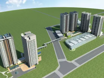 Architecture residential complex in middle of field 3D model