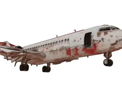 Wrecked civil aircraft among ruins 3D model