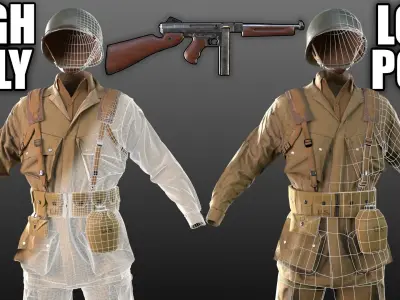 WW2 US Paratrooper and THOMPSON M1A1 Low-poly 3D model