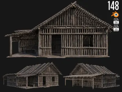 4 Old Wooden Houses Pack 4K Textures GameReady 145 to 148 Low-poly 3D model