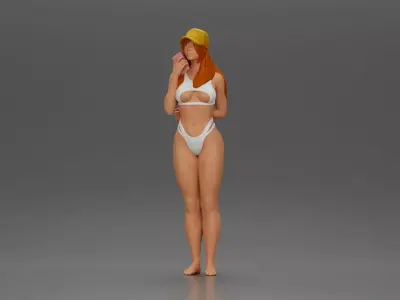 girl in white holding phone on the beach and wearing cap 3D print model