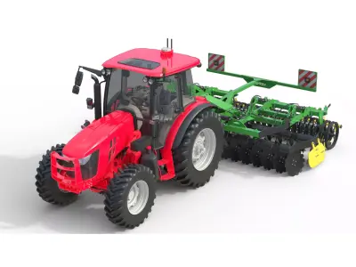 Farm Tractor and Trailed Disc harrow  Low-poly 3D model