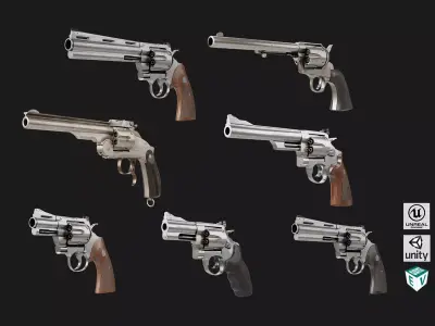 7 Silver Revolvers Collection All PBR Unity UE Textures 3D Model Pack