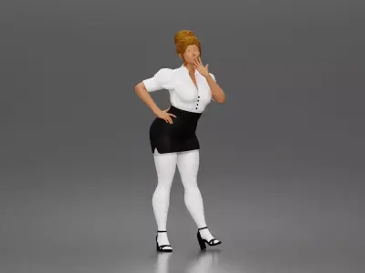 Secretary blows kiss wearing buttoned blouse skirt heels 3D print model