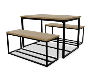 Industrial Style Dining Table with Benches 3D model