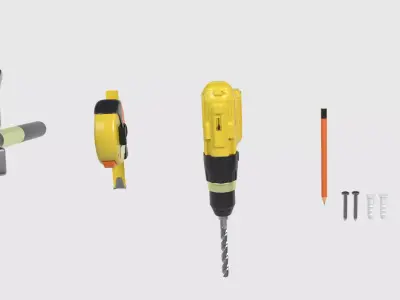 Installation pack Screwdriver Drill Screws Hammer Measure anchor 3D model