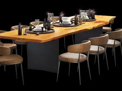 Urban hardwoods dining slab table with tableware 3D model
