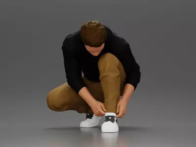 Man in hoodie crouching down tying shoelaces focused 3D print model
