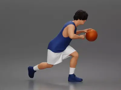 Basketball player drives forward dribbling ball wearing jersey 3D print model