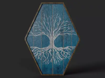Slavic diamond-shaped shield painted blue with trees symbol Low-poly 3D model