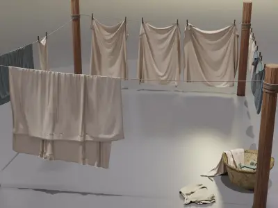 Clothes Line with Laundry Basket and Hanging Linens 3D model